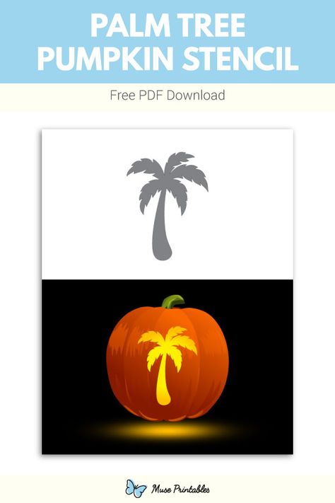 Free printable palm tree pumpkin stencil. Download it at https://museprintables.com/download/pumpkin-stencil/palm-tree/ Beach Theme Pumpkin Carving, Tropical Pumpkin Carving Ideas, Beachy Pumpkin Carving, Palm Tree Pumpkin Carving, Palm Tree Pumpkin, Beach Thanksgiving, Printable Pumpkin Stencils, Pumpkin Stencils Free, Palm Tree Png