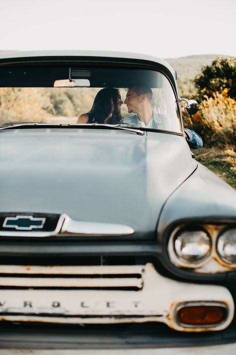 Engagement Pics With Old Truck, Hot Rod Engagement Photos, Couple Photos With Old Truck, Antique Truck Photoshoot, Old Truck Photo Shoot Couple, Pickup Truck Engagement Photos, Old Truck Photo Shoot Family Pics, Engagement Photos With Old Car, Antique Car Engagement Photos