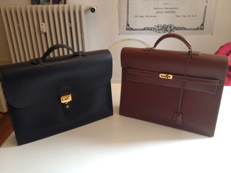 My two Hermes briefcases.. the Sac a depeches and the Kelly a depeches...can tell which one I like more... Mens Cloth, Hermes Birkin Orange, Leather Business Bag, Leather Work Bag, Professional Bag, Hermes Men, Briefcase For Men, Men's Bags, Hermes Bags