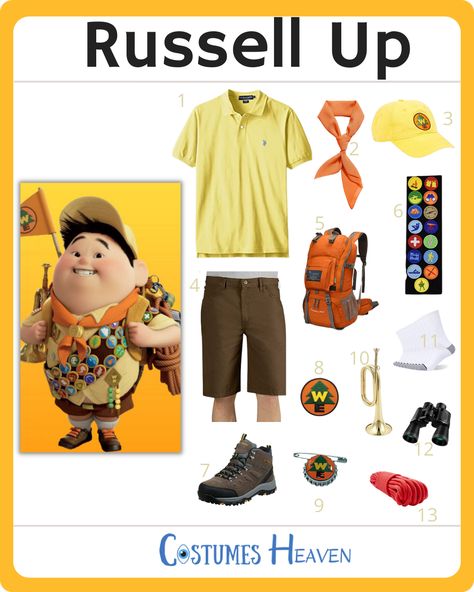 Wilderness Explorer Disneybound, Diy Russell From Up Costume, Adventure Costume Ideas, Russell Up Costume Diy, Boy Scouts Disfraz, Russell Halloween Costume, Disney Up Costume Ideas, Disfraz Boy Scout, Carl From Up