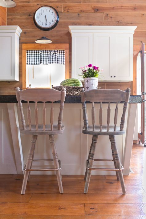 Bar Stools That Have Been Stripped of Paint Bar Stools Ideas, Painted Bar, Painted Bar Stools, Basket Centerpiece, Farmhouse Bar Stools, Basket Centerpieces, Faux Branches, Homemade Furniture, Spring Basket