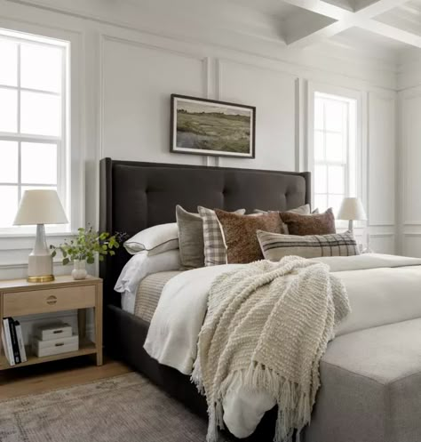 Dark Master Bed Frame, Sleek Master Bed, Lindye Galloway Bedroom, Above Bed Decor High Headboard, Bedroom Inspirations Master White Walls, Master Bedrooms Decor Contemporary, Bedroom Inspirations Black Headboard, Modern Traditional Interior Design Bedroom, Beige Bedroom With Black Furniture