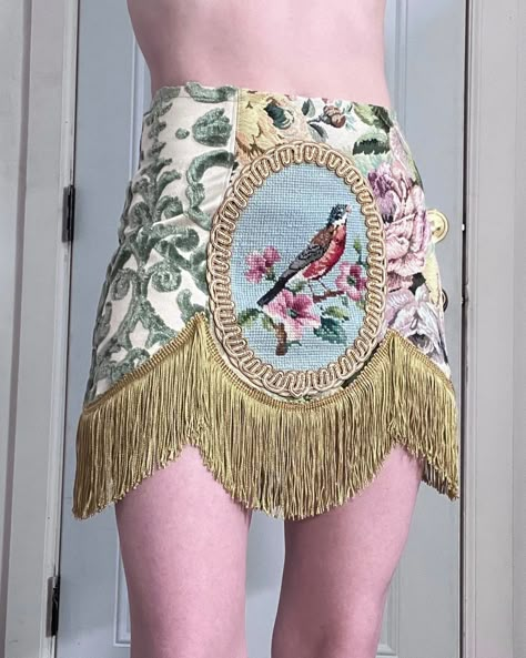 Needlepoint Tapestry, Vintage Needlepoint, Quirky Fashion, Weird Fashion, Fringe Skirt, Upcycled Fashion, Eclectic Fashion, April 27, Floral Jacquard