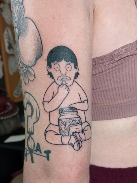 Bobs Burgers Matching Tattoos, Bobs Burgers Tattoo Ideas, Bobs Burgers Tattoo, Cartoon Legs, Tramp Stamps, Worst Tattoos, Tattoo Fails, Sketch Tattoo, Bob's Burgers