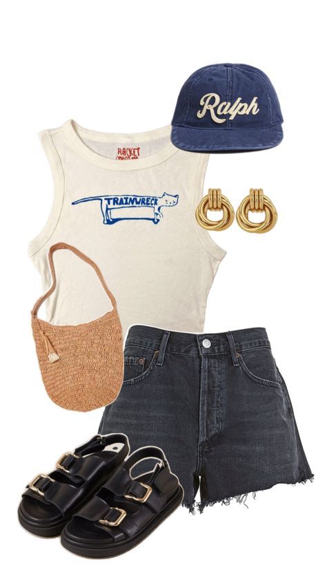 Outfit Ideas Layout Summer, Hat Outfit Ideas, Outfit Ideas Layout, Hat Outfits, Outfit Ideas 2024, Hat Outfit, Sandals Outfit, Chic Outfit, Sporty Chic