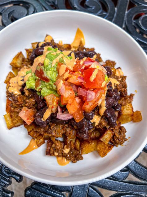 Ground Beef and Potato Taco Bowl Dorito Taco Bowl, Sweet Potato Bowl With Ground Beef, Cheesy Beef Taco Potato Bowl, Meat Bowl Recipes, Taco Bowl Recipe Beef, Taco Sweet Potato Bowl, Protein Bowls With Ground Beef, Potato Taco Skillet, Taco Meat And Potatoes