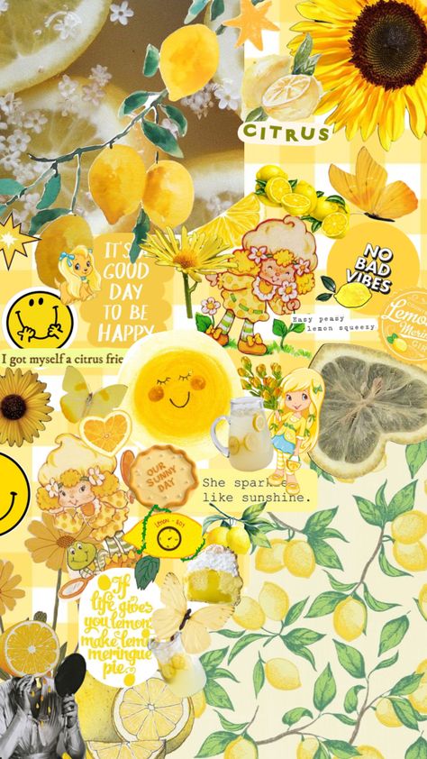 #yellow #citrus #strawberryshortcake #lemons #oranges #flower #sun Tina Core, Tripping Balls, Mi Wallpaper, Strawberry Shortcake Characters, Phone Wallpaper Boho, Adventure Time Cartoon, Flowy Style, Collage Board, Iphone Homescreen Wallpaper