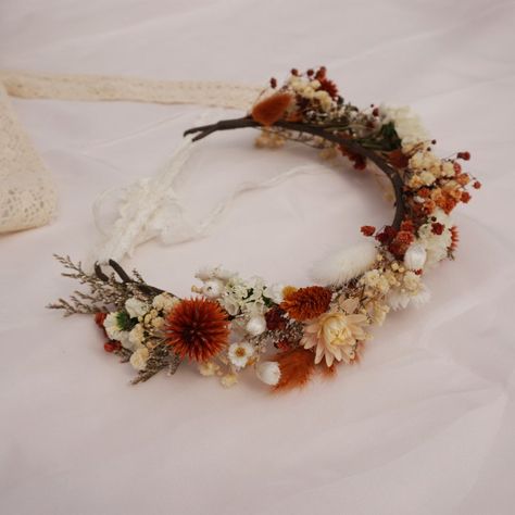 Wedding Orange Dry Wreath Bridesmaid Flower Gift Rustic Boho - Etsy New Zealand Fall Crown Hair Wreaths, Fall Wedding Crown, Fall Floral Crown, Wedding Flower Headband, Dry Wreath, Fall Flower Girl, Meghan Wedding, Fall Wedding Jewelry, Flower Girl Inspiration