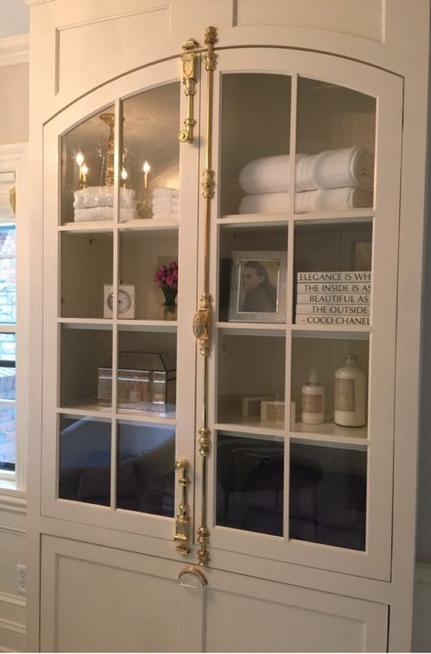 Mirrored Linen Cabinet, Custom Linen Cabinet, Large Linen Closet Ideas, Bathroom Linen Cabinet Built In, Built In Bathroom Cabinet, Linen Cabinet In Bathroom, Bathroom Armoire, Vanity With Linen Cabinet, Corner Linen Cabinet