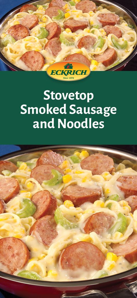 This protein-packed noodle dish has it all! Smoked Sausage, creamed corn, sour cream and egg noodles hit up all the food groups. And it only takes about a half hour to make. #recipe #smokedsausage #pasta #noodles #dinner #leftovers #simplemeal Egg Noodles And Smoked Sausage, Polish Sausage Recipes Kielbasa Egg Noodles, Smoked Sausage And Egg Noodles, Egg Noodles And Sausage, Smoked Sausage And Noodles, Eckrich Sausage Recipes, Noodle Casseroles, Eckrich Sausage, Diy Sausage