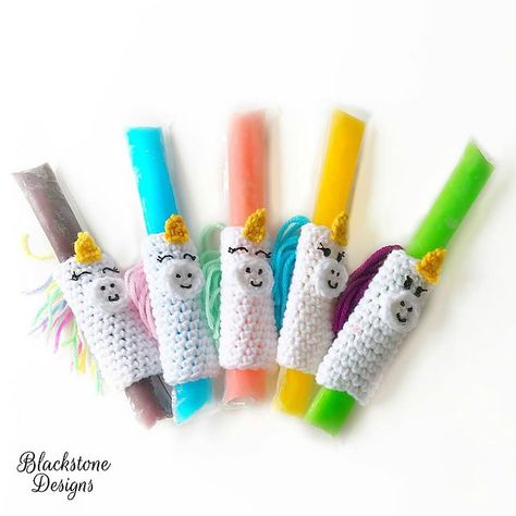 Unicorn Ice Pop Holders by Sonya Blackstone #freepatterns #crochet #crochetunicorns #unicorns #amigurumi Summer Birthday Party Favors, Ice Pop Holders, Black Fabric Paint, Popsicle Holders, Freeze Pops, Accessories Crochet, Ice Pop, Classroom Gifts, Crochet Unicorn