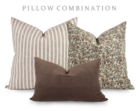 Pillow Combinations, Pillow Combo, Pillow Combos, Fall Pillow, Neutral Pillows, Brown Floral Print, Set Sofa, Block Printed Pillows, Coordinating Patterns