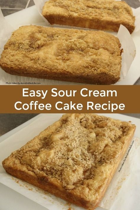 Easy Sour Cream Coffee Cake Recipe. This coffee cake is a moist, delicious, and simple to make recipe your friends and family will love. Make a large coffee cake for a big gathering, or divide the easy sour cream coffee cake recipe into two loaf pans – one to eat now, one to freeze for later. This wonderful sour cream coffee cake recipe is a great dessert, or early morning breakfast. Cake Loaves, Sour Cream Coffee Cake Recipe, Classic Coffee Cake, Pecan Topping, Cinnamon Coffee Cake, Sour Cream Coffee Cake, Coffee Cake Recipe, Cinnamon Coffee, Coffee Cake Recipes