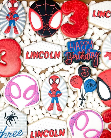 A last minute order for Spidey and His Amazing Friends 🕷️ Happy 3rd Birthday Lincoln! ❤️💙 Customer wanted her inspiration photos to a T. So the customer got what she wanted! Inspired by @victorias.cookiecompany #cookies #decoratedcookie #decoratedcookies #decoratedsugarcookies #sugarcookies #sugarcookiedecorating #sugarcookiesofinstagram #sugarcookie #sugarcookiedecorator #sugarcookieart #sugarcookieartist #cookieart #cookieartist #cookiebaker #cookiedecorating #cookiedecorator #royalicin... Spidey And His Amazing Friends Birthday Cookies, Spidey And Friends Cookies, Spidey And His Amazing Friends Cookies, Spidey And His Amazing Friends Birthday, Friends Cookies, Spidey Party, Spidey Birthday, Happy 3rd Birthday, Spidey And His Amazing Friends