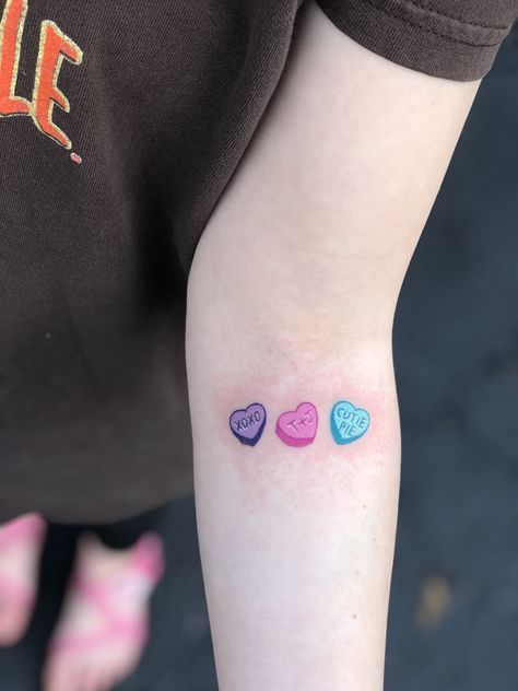 Small Candy Tattoo, Sweet Tart Heart Tattoo, Candy Heart Tattoo Outline, Conversation Hearts Tattoo, Sweetheart Candy Tattoo, Sweet Tattoos Candy, Candy Hearts Aesthetic, Conversation Heart Tattoo, Valentines Tattoo Designs