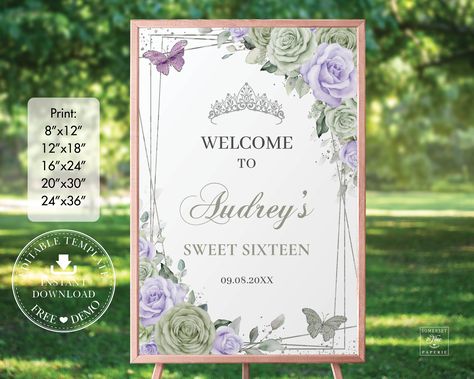 Sweet 16 Welcome Sign, Silver Sweet 16, Silver Butterflies, Butterfly Crown, Green Lavender, Australia Photos, Silver Tiara, Lavender Floral, Purple Watercolor