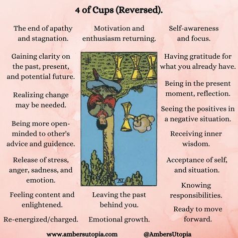 A description and list of what the 4 of Cups means within the Tarot deck, from the suit of cups.

#tarot #4ofcups #suitofcups Suit Of Cups Tarot, 4 Of Cups, Suit Of Cups, Four Of Cups, Tarot Card Readings, Tarot Interpretation, Cups Tarot, Tarot Cards For Beginners, Learning Tarot Cards