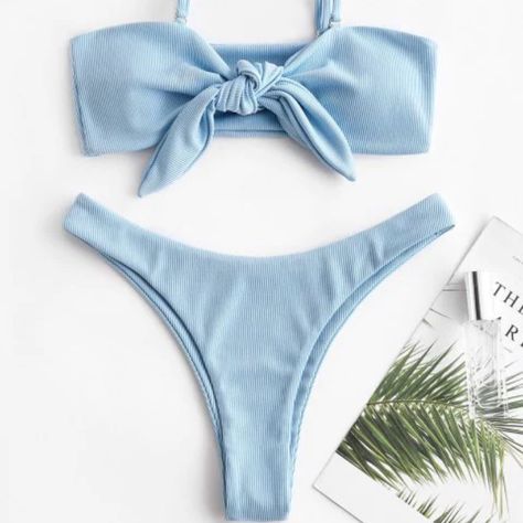 Zaful Ribbed Knotted High Cut Bikini Swimsuit - Light Blue S - With Tags Light Blue Swimwear, Light Blue Bathing Suit, Blue Bathing Suit, Bandeau Tankini, Zaful Bikinis, Orange Swimsuit, Triangle Swimsuit, One Shoulder Swimsuit, Cute Bathing Suits