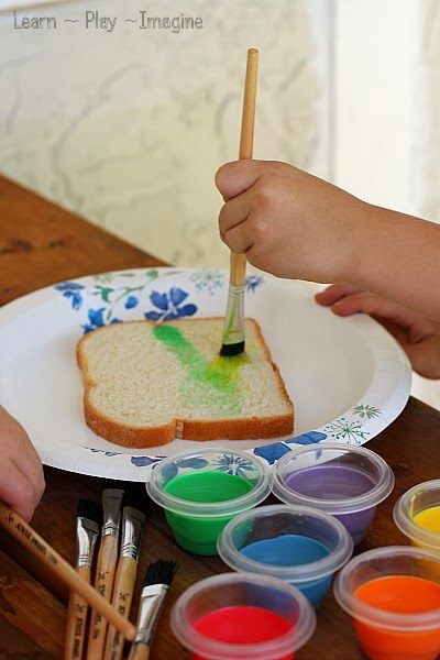 Rainbow Toast ~ Learn Play Imagine Homemade Paint Recipe, Food Activities For Toddlers, Milk Paint Recipes, Rainbow Toast, Cereal Pancakes, Rainbow Bread, Preschool Cooking, Healthy And Unhealthy Food, Paint Recipe