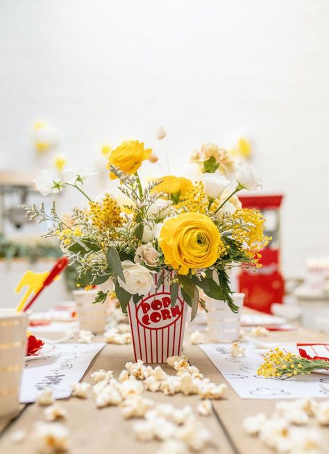 Popcorn Box Floral Arrangement from a Popcorn Party on Kara's Party Ideas | KarasPartyIdeas.com (17) Box Floral Arrangements, Popcorn Balloon, National Popcorn Day, Popcorn Day, Popcorn Theme, Colored Popcorn, Popcorn Cart, Popcorn Party, Carnival Themed Party