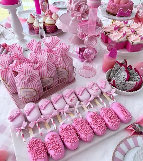 20+ Epic Ideas for an Adult Night of BARBIE Glam and Fun Barbie Pink Party Decorations, Barbie Sweets Table, Barbie Candy Bar Ideas, Birthday Buffet Ideas Food, Barbie Birthday Party Ideas Decoration, Barbie Dessert Table, Barbie Party Food, Pink Party Foods, Barbie Party Decorations