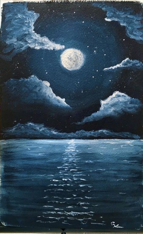 Night Skies Drawing, Moon Over The Ocean Painting, Moon Sea Painting, Ocean Clouds Painting, Moonlit Ocean Painting, Moon And Water Painting, Moon And Beach Painting, Water Scenery Drawing, Night Ocean Painting Acrylic