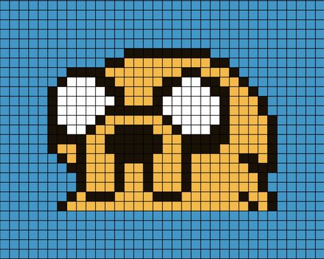 A pixel art template of Jake the dog's face from Adventure Time, the cartoon program or show. Jake Adventure Time Pixel Art, Adventure Time Granny Square, Adventure Time Tapestry Crochet, Adventure Time Grid Pattern, Adventure Time Perler Bead Patterns, Adventure Time Pixel Art Grid, Pixel Adventure Time, Adventure Time Alpha Pattern, Adventure Time Pattern