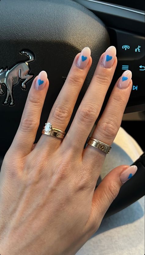 Deep Tip Nails, Emily Kiser Nails, Emilie Kiser Nail, Emilie Kiser Nails, Nails With Blue Hearts, Blue Hearts Nails, Nail Inspo Hearts, Heart Nails Blue, Blue Heart Nails