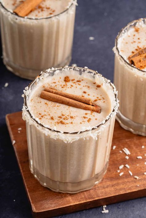 This easy Vegan Coquito recipe is guaranteed to be a hit at your holiday parties this year! It's just as rich and creamy as the traditional Puerto Rican drink, but made entirely from plant-based ingredients. This coconut and rum filled cocktail is a must-make during Christmas time! Vegan Coquito Recipe, Vegan Coquito, Homemade Eggnog Recipe, Alcoholic Eggnog, Chocolate Meringue Pie, Classic Eggnog, Eggnog Recipe Homemade, Coquito Recipe, Eggnog Fudge