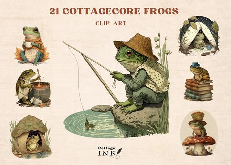 Toad On Mushroom, Frog Clipart, Cottagecore Frog, Mushroom Clipart, Goblincore Aesthetic, Cloud Icon, Journal Scrapbook, Frog And Toad, Fun Stickers