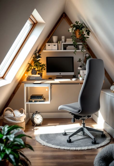 Small attic room ideas Office Small Space Ideas, Small Attic Office, Attic Office Ideas, Small Attic Room Ideas, Office Attic, Attic Inspiration, Small Attic Room, Attic Room Ideas, Functional Home Office