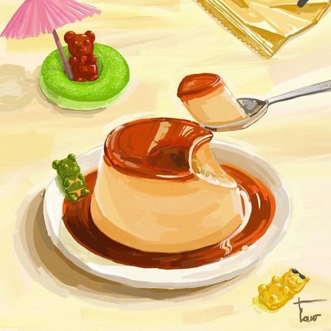 Japanese Pudding Drawing, Food Title Page, Pudding Tattoo, Anime Pudding, Pudding Painting, Pudding Drawing, Title Page Art, Pudding Aesthetic, Oil Painting Artists