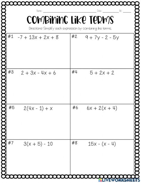 Combing Like Terms Math, Combining Like Terms Worksheet, Equations Worksheets, Exponent Worksheets, Multi Step Equations, Maths Worksheets, Combining Like Terms, Mathematics Worksheets, Algebra Worksheets