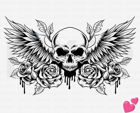 Skull Cricut Shirts, Skull Tattoo Design Sketches Drawings, Skull With Roses Drawing, Skull Svg Free, Skull Cricut, Stencil Rug, Skull With Wings, Roses Clipart, Skull With Flowers