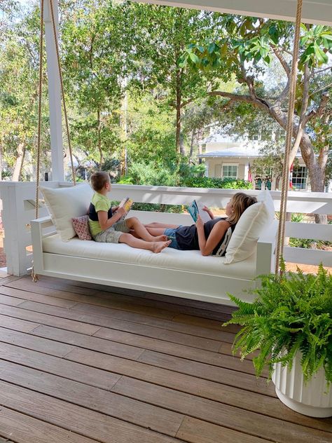 How To Build A Hanging Daybed | Young House Love Daybed Swings Outdoor Diy, Backyard Daybed, Daybed Plans, Diy Porch Swing Bed, Hanging Daybed, Porch Bed, Diy Porch Swing, Front Porch Swing, Porch Swing Bed