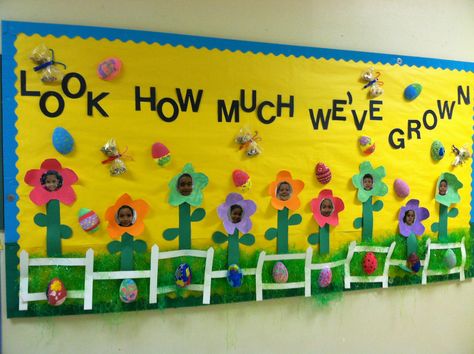 Look How Much We Have Grown bulletin board for Spring/Easter. All student work. Spring Bulletin Boards Preschool, April Bulletin Boards, Elementary School Bulletin Boards, Kids Bulletin Boards, Preschool Spring, Classroom Boards, Class Art Projects, Spring Bulletin, Class Door