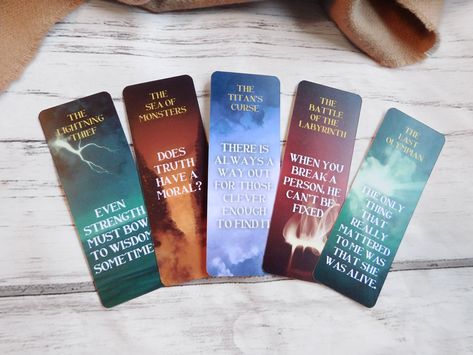 Bookmarks inspired by the Percy Jackson series by Rick Riordan! Available on my Etsy! #percyjackson #bookmark #bookreader Percy Jackson Bookmarks Diy, Percy Jackson Bookmarks Printable, Percy Jackson Bookmarks, Percy Jackson Tarot Cards, Percy Jackson Books In Order, The Cruel Prince Bookmark, Quote Bookmarks, Percy Jackson Series, Percy Jackson Crossover