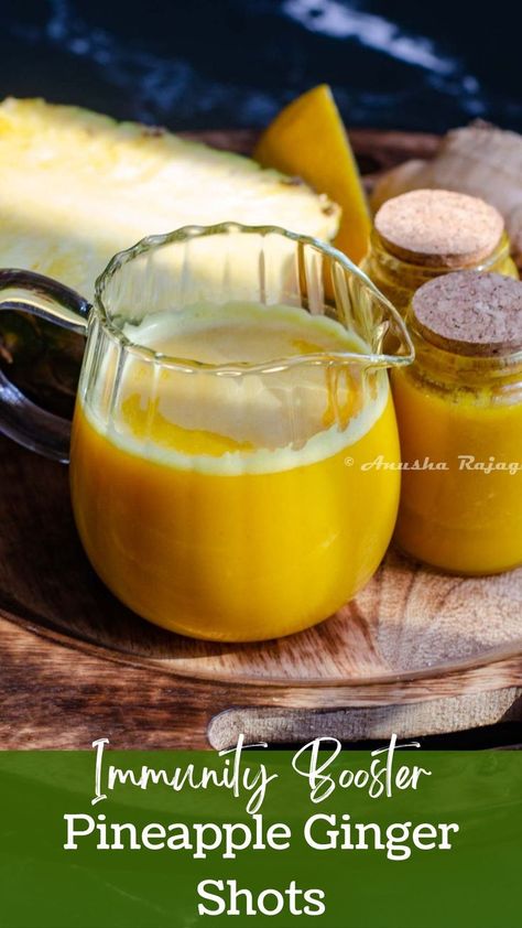 Easy pineapple ginger energy shots for boosting immunity and improving digestion. Has anti-inflammatory properties. Ginger Tumeric Tea, Pineapple Ginger Juice, Juice In A Blender, Turmeric Smoothie Recipes, Ginger Shot Recipe, Gluten Free Smoothie, Ginger Shots, Turmeric Drink, Pineapple Ginger