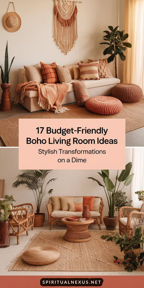 Transform your space with these 17 budget-friendly Boho living room ideas! From cozy rugs to eclectic decor, find affordable inspiration to make your living room feel chic and inviting. #BohoLivingRoom #BudgetFriendlyDecor #HomeInspiration Boho Terracotta Living Room, Apartment Boho Aesthetic, Minimalist Boho Apartment, Desert Boho Decor, Boho Modern Living Room, Cozy Boho Living Room, Boho Living Room Ideas, Boho Apartments, Modern Boho Living Room