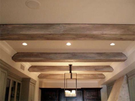 Rustic beams can be added with the existing crown molding Beams Ceiling, Faux Ceiling Beams, Faux Wood Paint, Floating Ceiling, Driftwood Chandelier, Timber Ceiling, Beadboard Ceiling, Dining Room Remodel, Faux Wood Beams