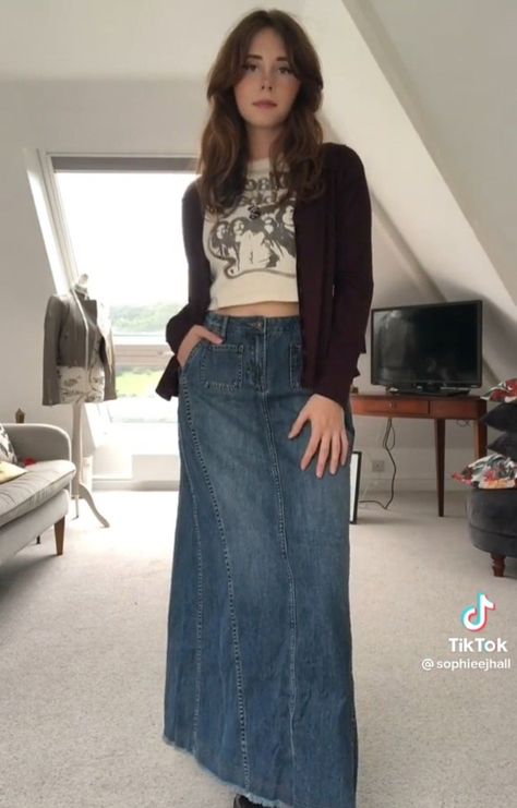 [PaidLink] 28 Long Denim Skirt Outfit Hacks To Learn More #longdenimskirtoutfit Long Denim Skirt Outfit Grunge, Outfits With Denim Maxi Skirt, Long Denim Skirt Grunge, Mid Size Long Skirt, 70s Denim Skirt Outfit, Denim Maxi Skirts Outfit, Jean Maxi Skirt Outfit Summer, Maxi Demin Skirt Outfits, Outfit With Long Denim Skirt