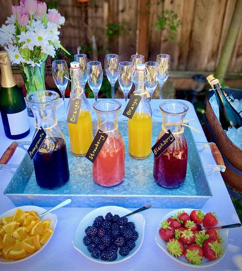 Mimosa Bar - The Art of Food and Wine Mimosa Bar Flavors, Mimosa Bar Juice Flavors, Mimosa Juice Flavors, Bridal Shower Ideas Mimosa Bar, Mimosa Bar Set Up, Mimosa Tower, Mimosa Bar Recipe, Mimosas Bar, Eclipse Wedding