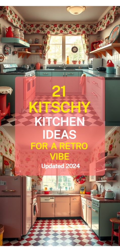 kitschy kitchen inspo Retro Kitchen Ideas Vintage, Colorful Appliances, 40s Kitchen, Kitschy Kitchen Decor, Vintage Modern Kitchen, Retro Glassware, Kitchen Retro, Kitsch Decor, Farmhouse Style Table