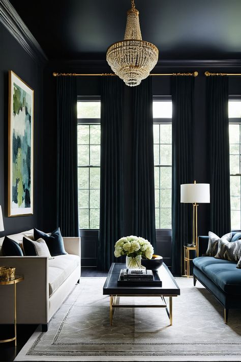 Black ceiling living room. Ceiling design ideas.  Ceiling paint colors. Ceiling light fixture. Ceiling beams. Ceiling architecture. Crown molding.  Ceiling molding ideas. Black Interior Ceiling, Black Ceiling Living Room, Ceiling Molding Ideas, Crown Molding Ceiling, Ceiling Architecture, Beams Ceiling, Dark Green Rooms, Ceiling Paint Colors, Ceiling Molding