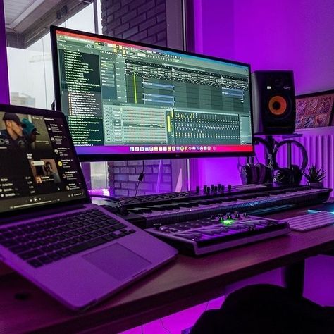 Purple Rgb, Focusrite Scarlett 2i2, Music Setup, Home Studio Desk, In Home Studio, Home Recording Studio Setup, Recording Music, Recording Studio Setup, Producer Studio