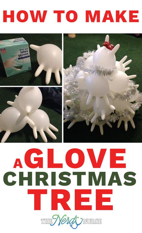 I've been seeing Christmas trees made out of gloves, but have yet to see a single "How to Make a Glove Christmas Tree" guides. I decided to make one myself. Glove Christmas Tree, Christmas Tree On Door, Medical Christmas Decorations, Nurse Christmas Decorations, Hospital Christmas Decorations, Medical Crafts, Christmas Tree Guide, Nurse Wreath, Nurse Christmas Tree