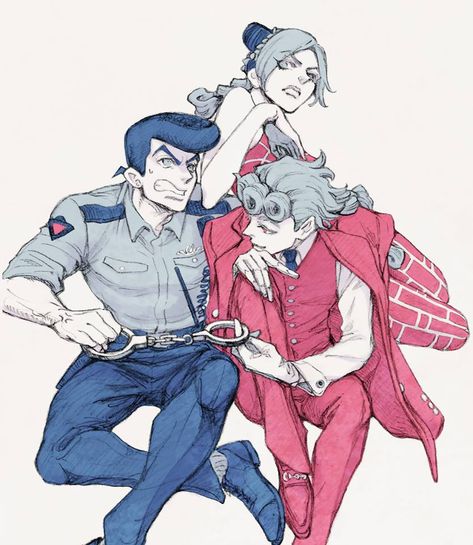 So Josuke is a cop, who is a great uncle to Joylne, who went to prison. Giorno is Josuke’s Great uncle, who should be in prison, but is too much of a badass to actually have evidence against him and is super smug about it.  This is the “Younger” JoJo generation, look how far we’ve come! Josuke Giorno Jolyne, Giorno Jolyne, Josuke Giorno, Johnny Joestar, Fanart Kpop, Jojo's Adventure, Fanart Bts, Bts Art, Jotaro Kujo