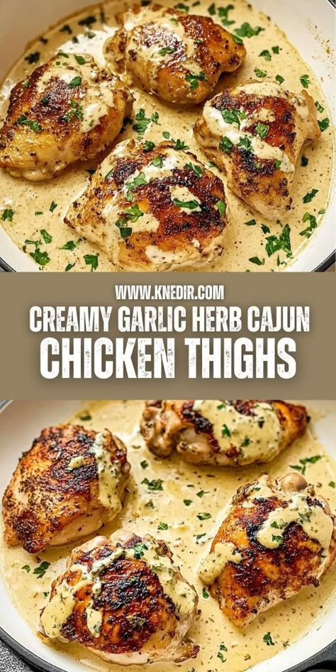 👩‍🍳 Savor the creamy, spicy goodness of Garlic Herb Cajun Chicken Thighs! 🍗 This one-pan dish is packed with Cajun spices, a luscious cream sauce, and fragrant herbs for an easy and flavorful meal. 🌶️ Perfect for family dinners or special occasions, it's a recipe you'll come back to again and again. 🍴✨ #CajunFlavor #GarlicChicken #HerbInfused #OnePotMeals #DinnerInspo Chicken Thigh Cream Sauce, Chick Thigh Recipes, Chicken Thighs Recipes Boneless Skinless, Baked Bone In Chicken Thighs, Ways To Cook Chicken Thighs, Cajun Chicken Thighs, Recipes With Chicken Thighs, Chicken Thigh And Rice Recipe, Baked Bone In Chicken