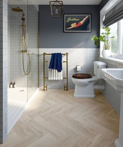 Hering Bone Flooring Bathroom, Blue And Wood Bathroom Ideas, Easy Bathroom Ideas, Wooden Floor Bathroom, Bathroom Wood Floor, Interior Tiles Floor, Herringbone Bathroom Floor, Family Bathroom Design, Herringbone Bathroom