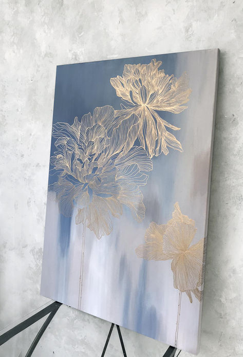 Blue And Gold Canvas Art, Minimal Wall Painting, Acrylic Painting Abstract Modern, Peonies Painting, Abstract Painting Acrylic Modern, Modern Art Acrylic, Abstract Wall Art Painting, Gold Abstract Painting, Flowers Acrylic